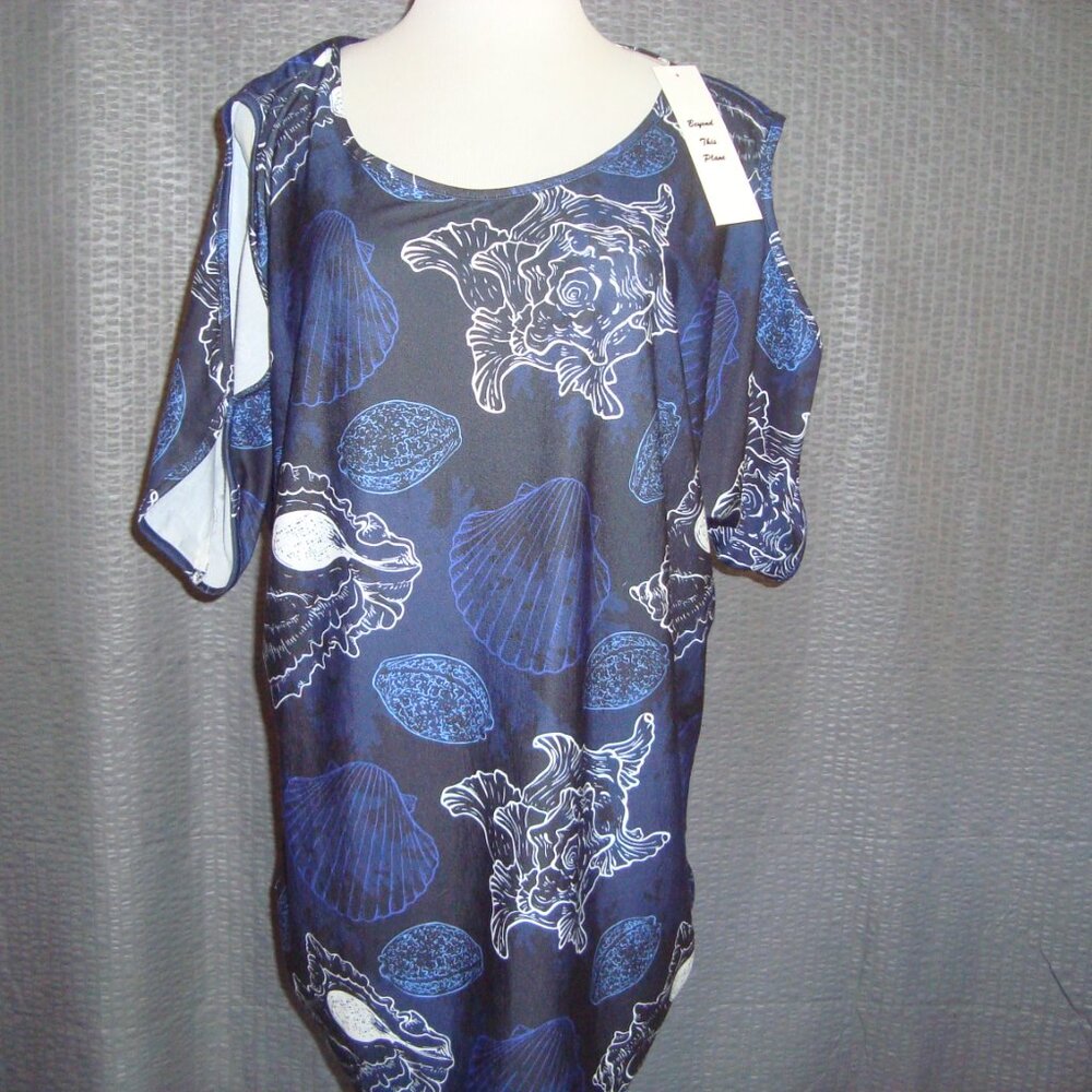NWT Beyond This Plane Cold Shoulder Tunic Navy Blue Ocean Theme Top sz L